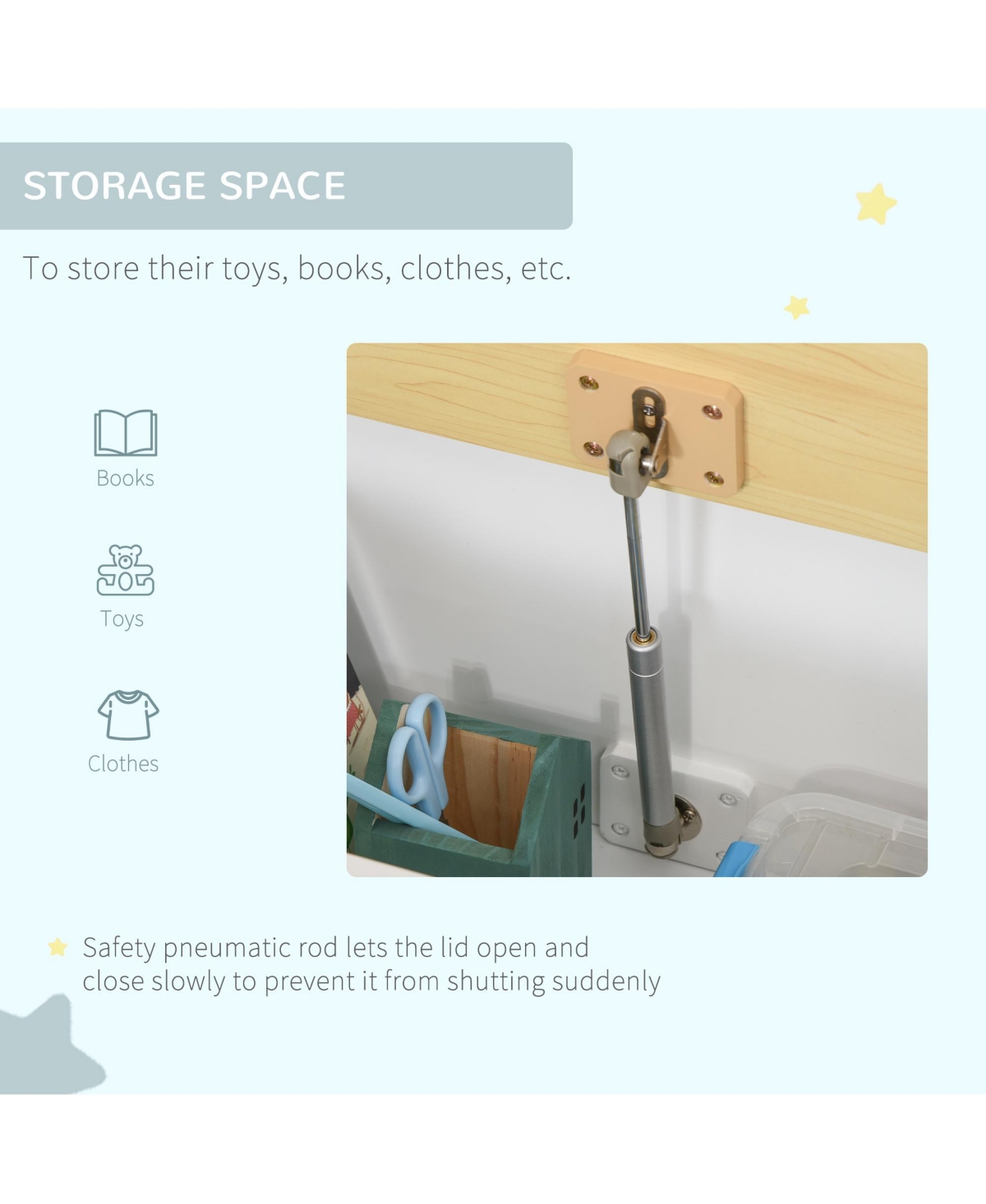 Qaba 2-in-1 Wooden Toy Box Kids Seat Bench Storage Chest w/ Safety Rod