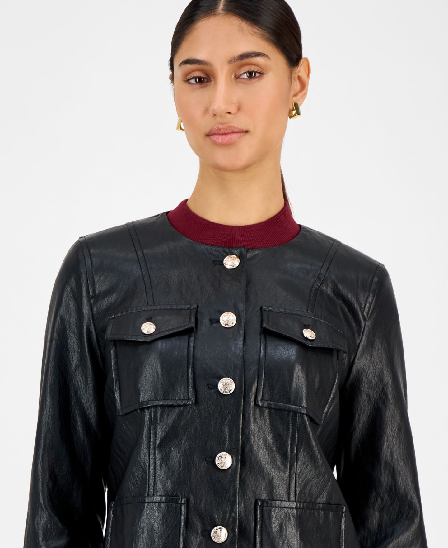 Женская куртка T Tahari Button-Front Faux Leather, цвет: Чёрный — фото 3