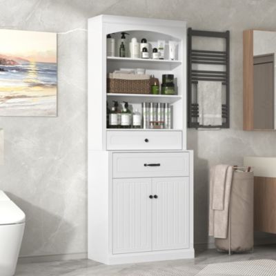 Bathroom Storage Cabinet with Two Doors, Drawers, Adjustable Shelf & Open Shelves