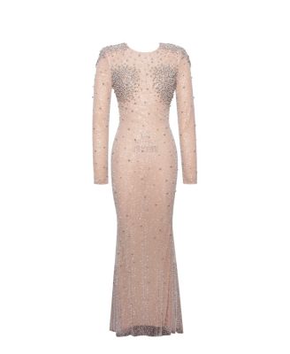 Women Rita Embroidered Mesh Silver Beaded Mermaid Gown