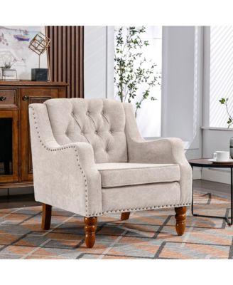 Footrest Chair Set with Vintage Brass Studs, Button Tufted Upholstered Armchair
