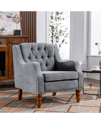 Footrest Chair Set with Vintage Brass Studs, Button Tufted Upholstered Armchair