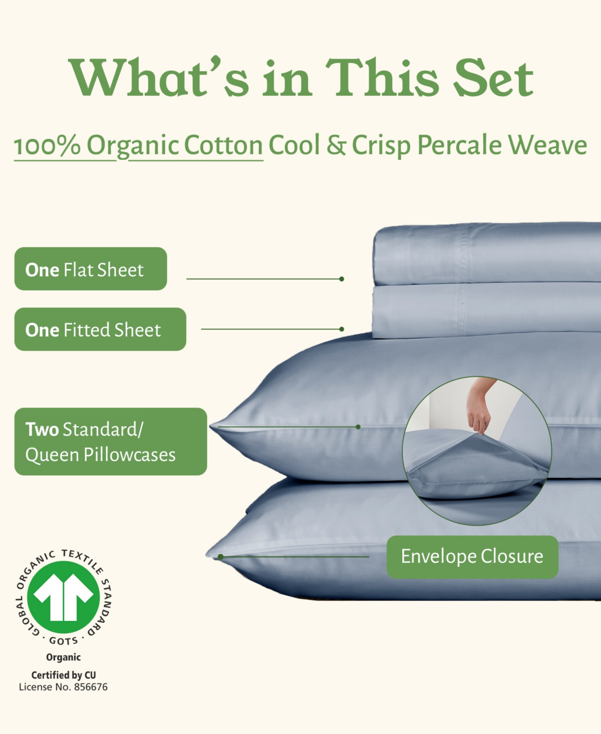 Sheets Set, Authentic 100% Organic Cotton Percale
