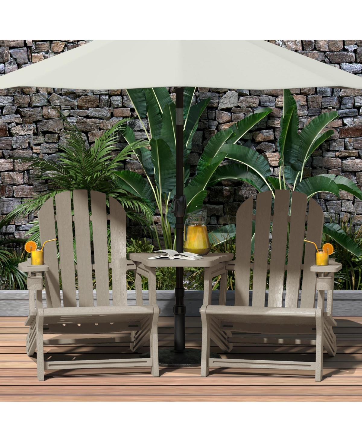 Outdoor Hdpe Adirondack Chairs With Connecting Table Tray (Set of 2)