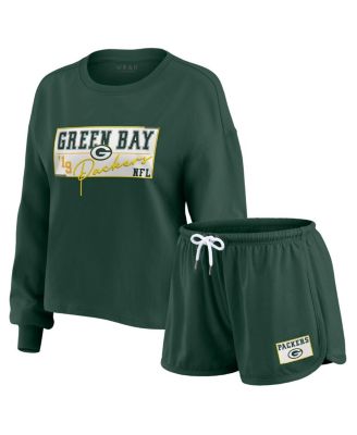 WEAR by Erin Andrews - Women's 2-Piece Green Green Bay Packers Heavy Rugby Jersey Long Sleeve T-Shirt and Shorts Lounge Set