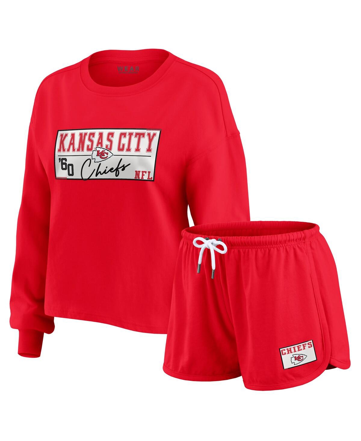 Wear By Erin Andrews Women's 2-piece Red Kansas City Chiefs Heavy Rugby Jersey Long Sleeve T-shirt And Shorts Lounge Set In Red