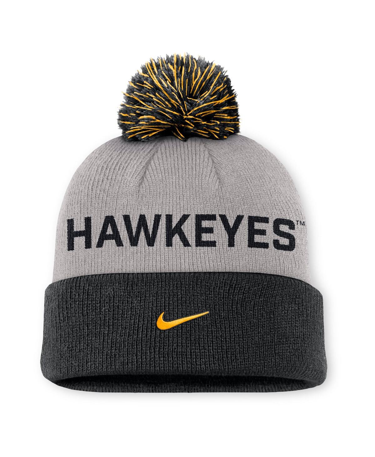 Nike Men's Gray/black Iowa Hawkeyes Primetime Peak Cuffed With Pom Knit Hat In Gray