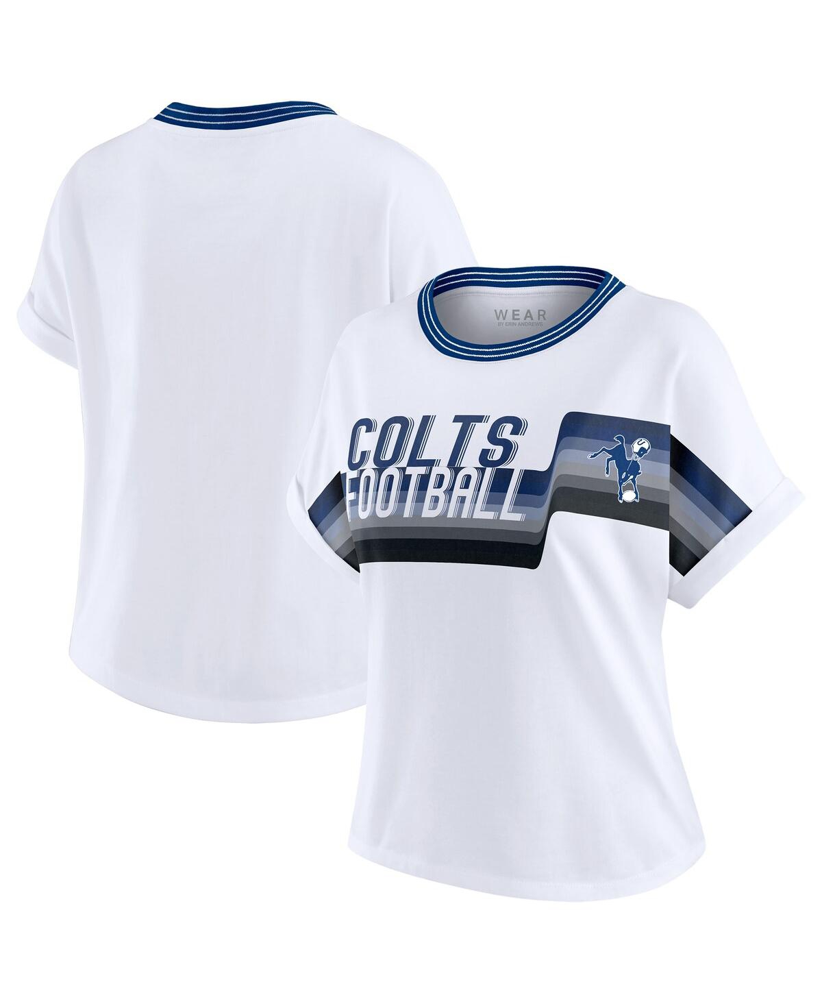 Wear By Erin Andrews Women's White Indianapolis Colts Cropped Center Stripe Dolman T-shirt In Blue