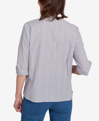 Women's Classic Diagonal Floral Metallic Stripe Button Front Top