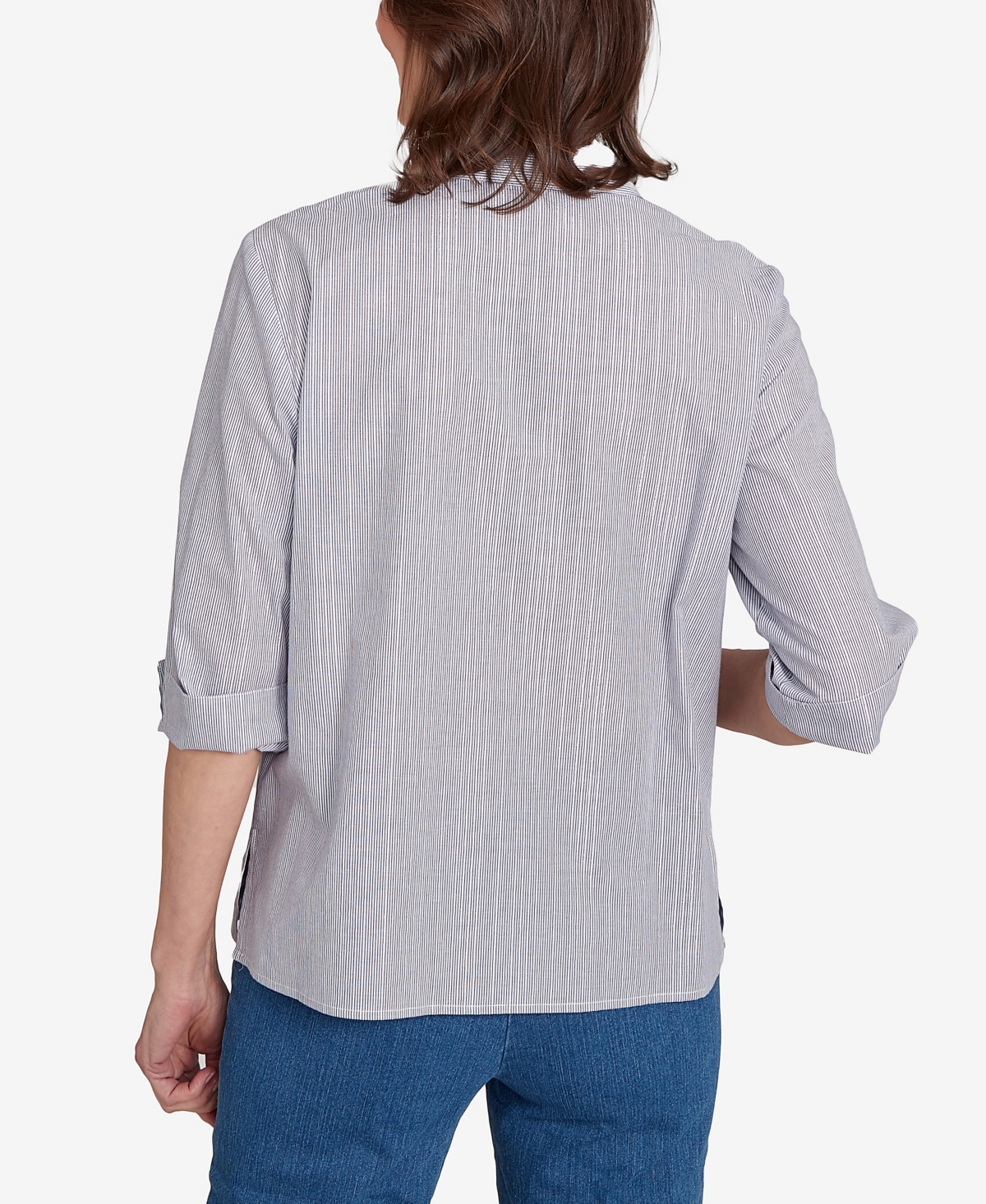 Alfred Dunner Women's Classic Diagonal Floral Metallic Stripe Button Front Top In Blue