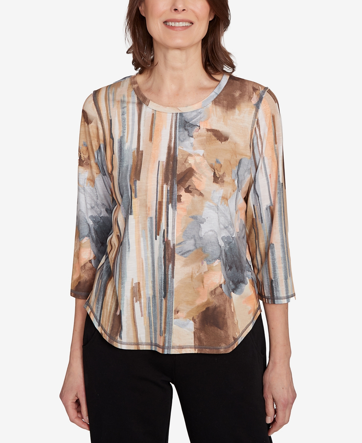 Alfred Dunner Plus Size Classic Spliced Floral Stripe Crew Neck Top In Multi