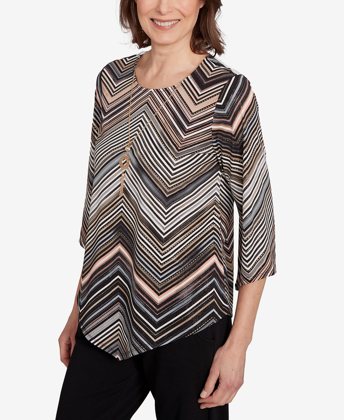 Alfred Dunner Plus Size Classic Chevron Stripe Crew Neck Top In Brown