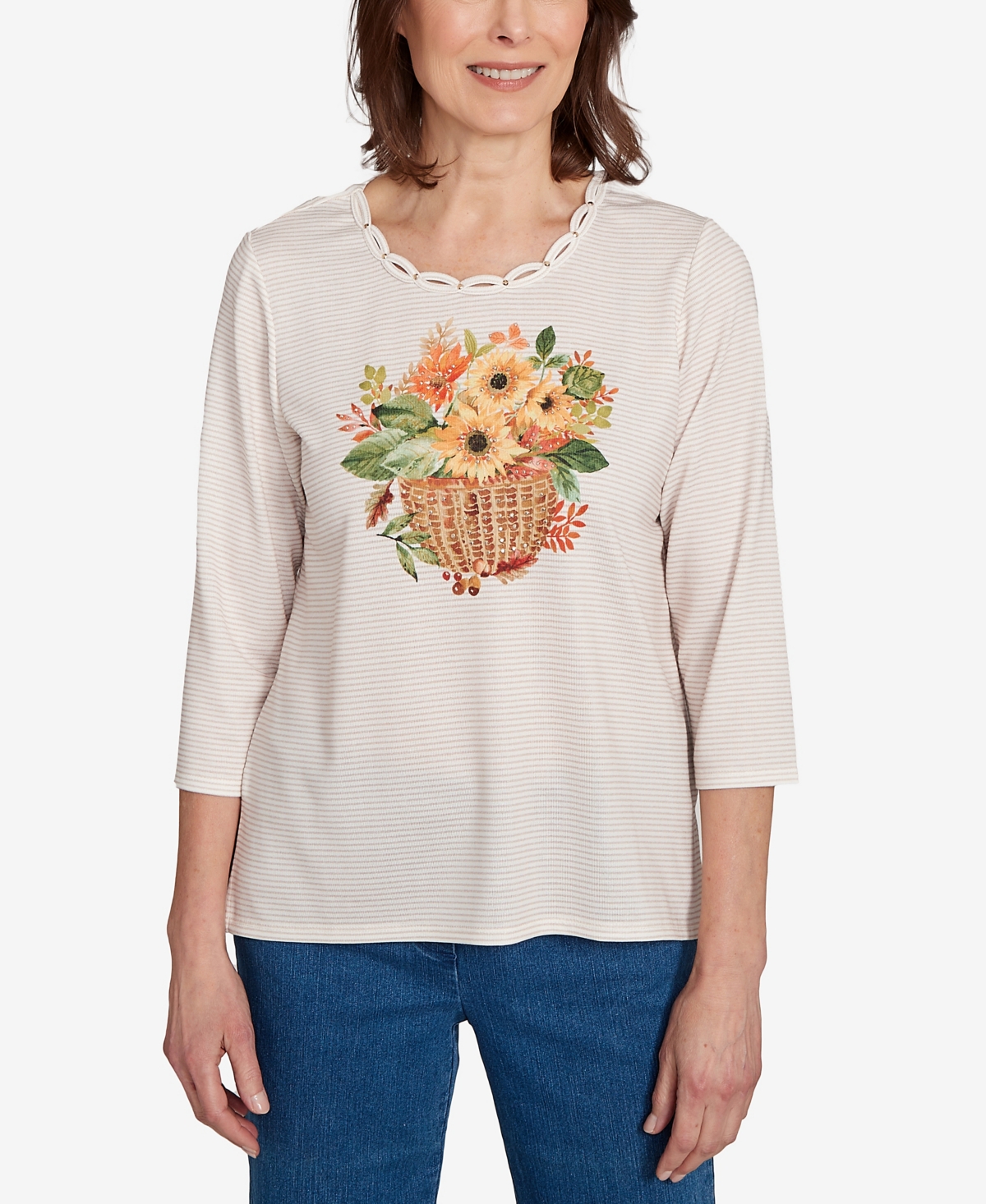 Alfred Dunner Plus Size Classic Harvest Basket Crew Neck Top In Neutral