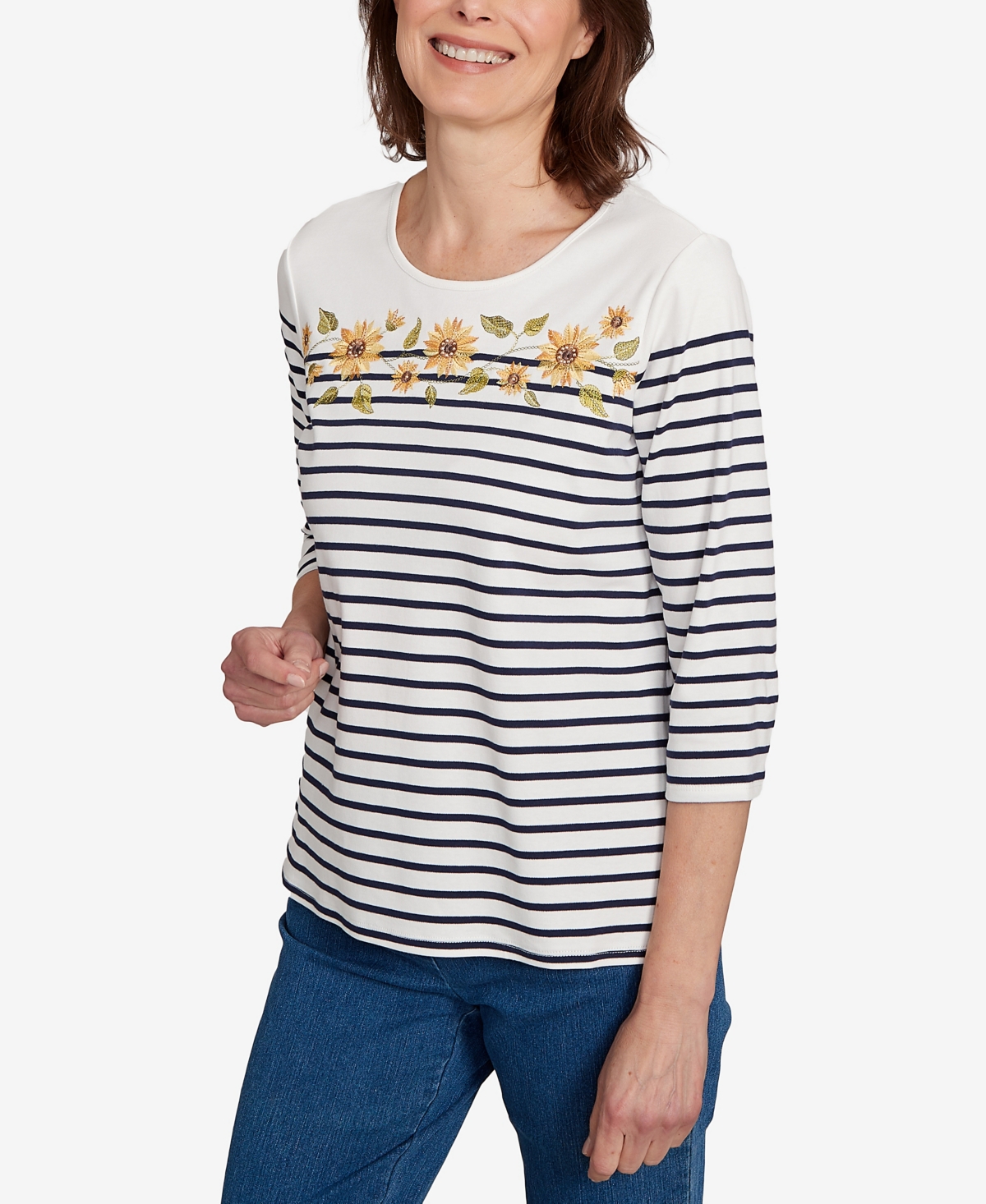 Alfred Dunner Petite Sunflower Stripe Top In Gray