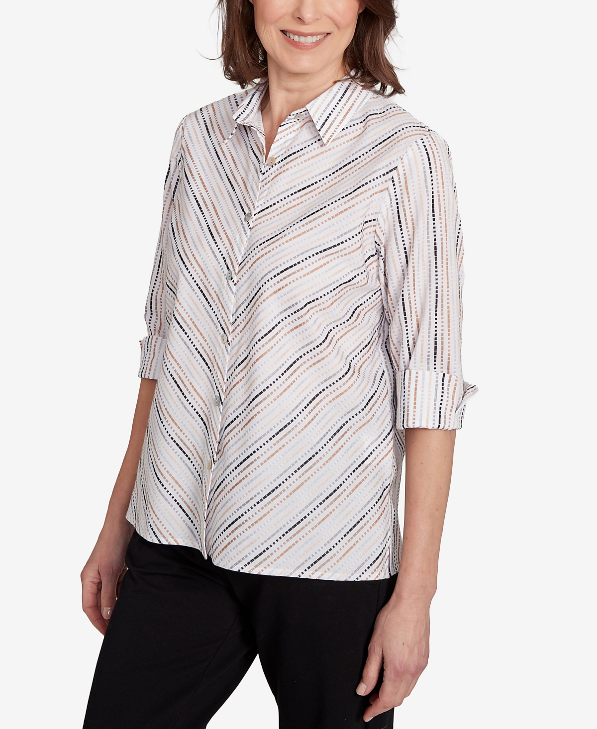 Alfred Dunner Women's Classic Mitered Textured Stripe Button Front Top