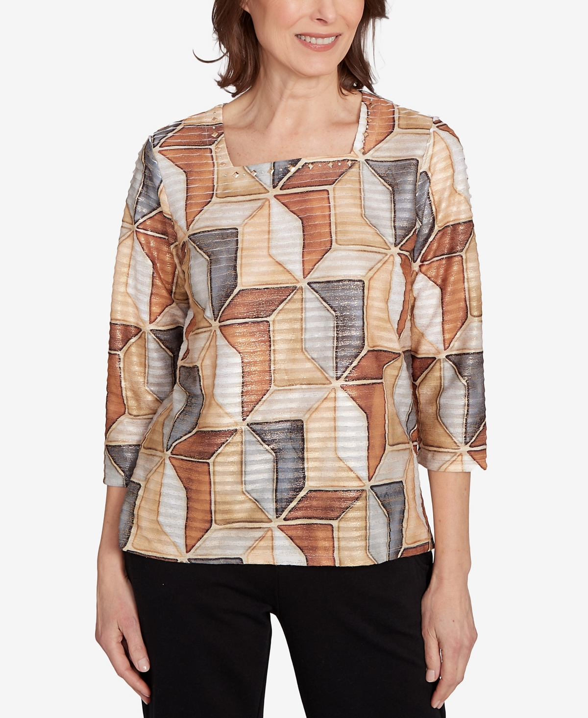 Alfred Dunner Plus Size Classic Stained Glass Square Neck Top In Multi