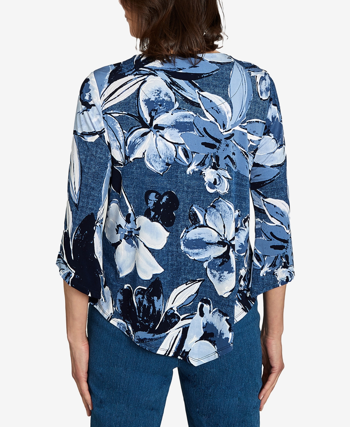 Alfred Dunner Women's Classic Puff Print Denim Floral Top In Blue