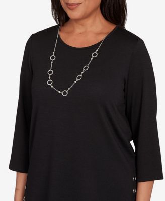 Women's Classic Melange Side Button Crew Neck Top with Necklace