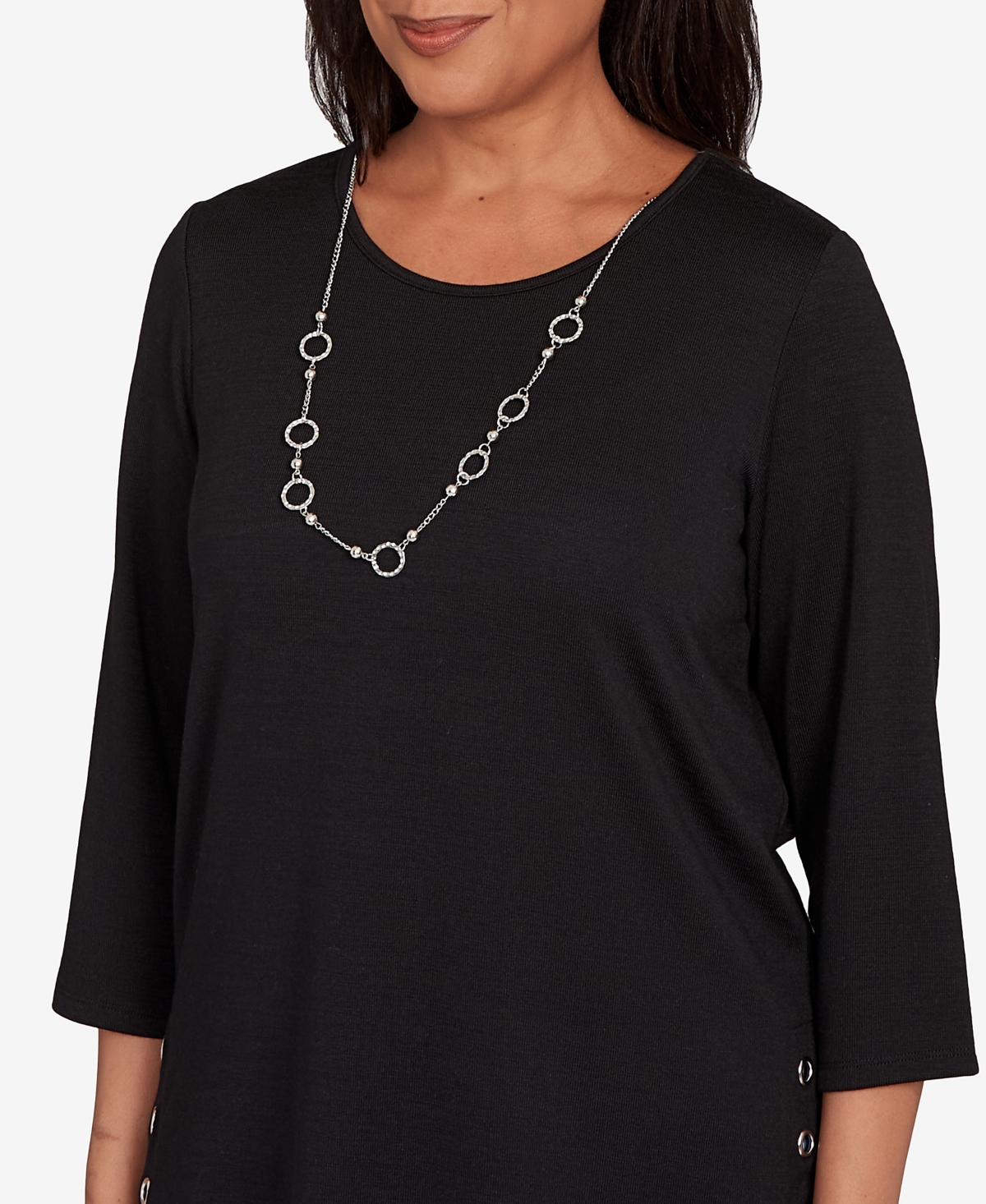 Alfred Dunner Women's Classic Melange Side Button Crew Neck Top With Necklace In Black