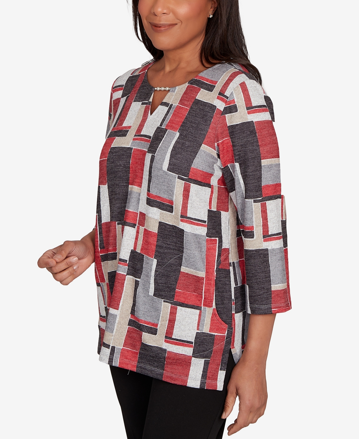 Alfred Dunner Women's Classic Color Block Split Beaded Neck Top In Multi