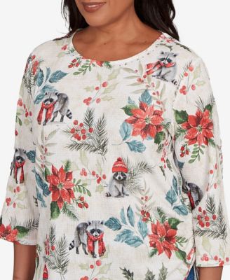 Women's Classic Holiday Raccoon Poinsettias Crew Neck Top