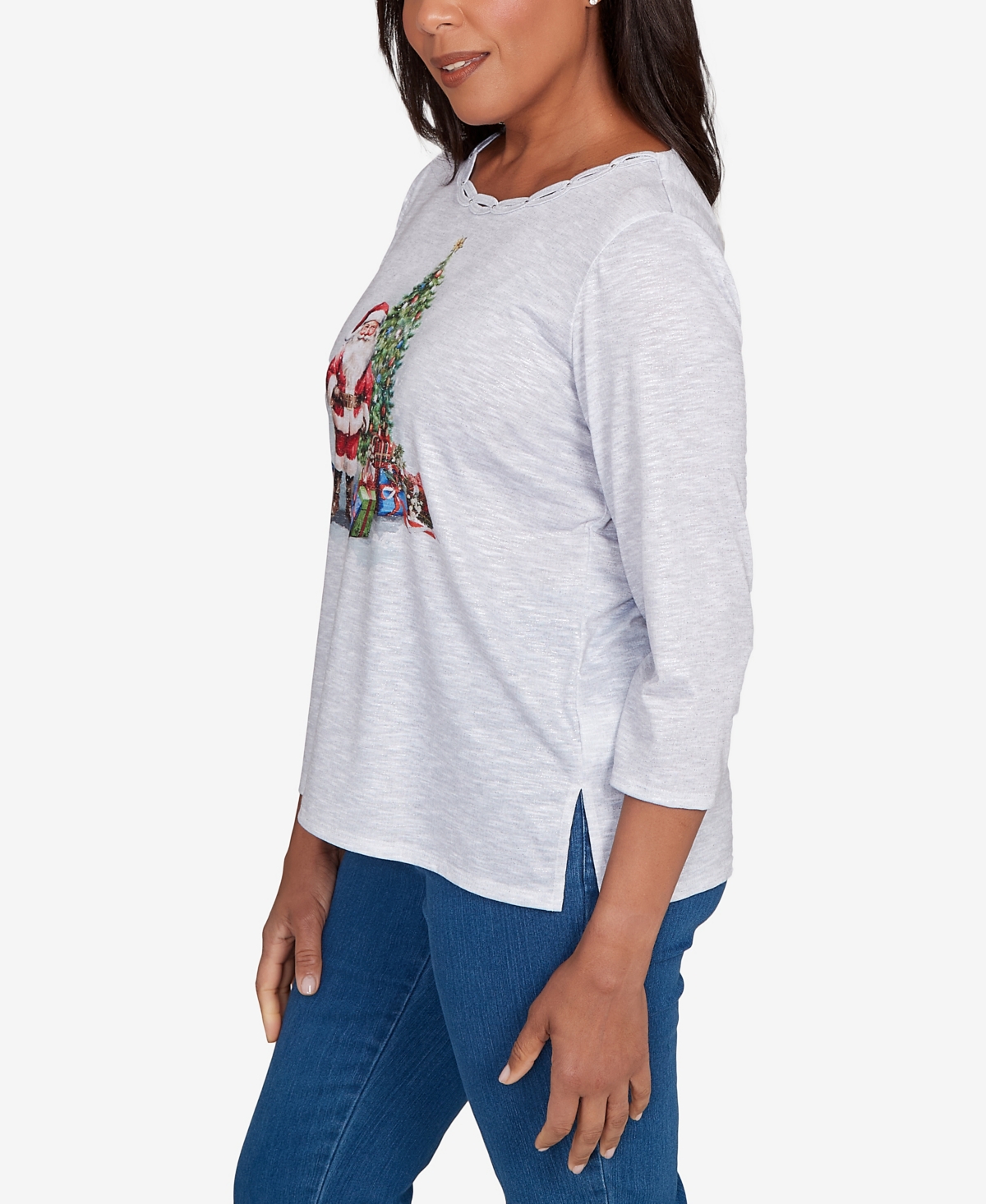 Alfred Dunner Petite Santa And Tree Print Top In Gray