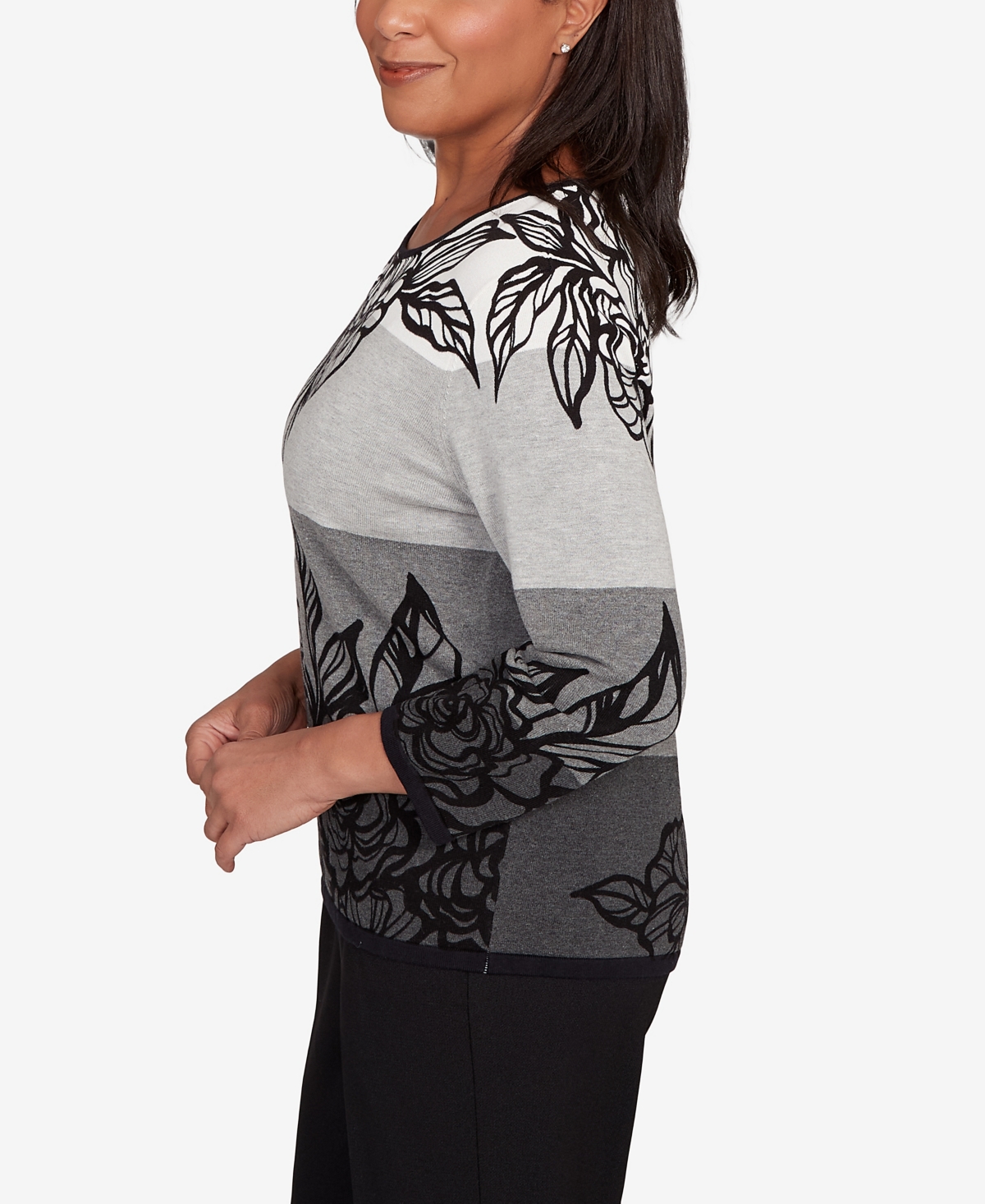 Alfred Dunner Women's Classic Ombre Floral Block Stripe Sweater In Gray