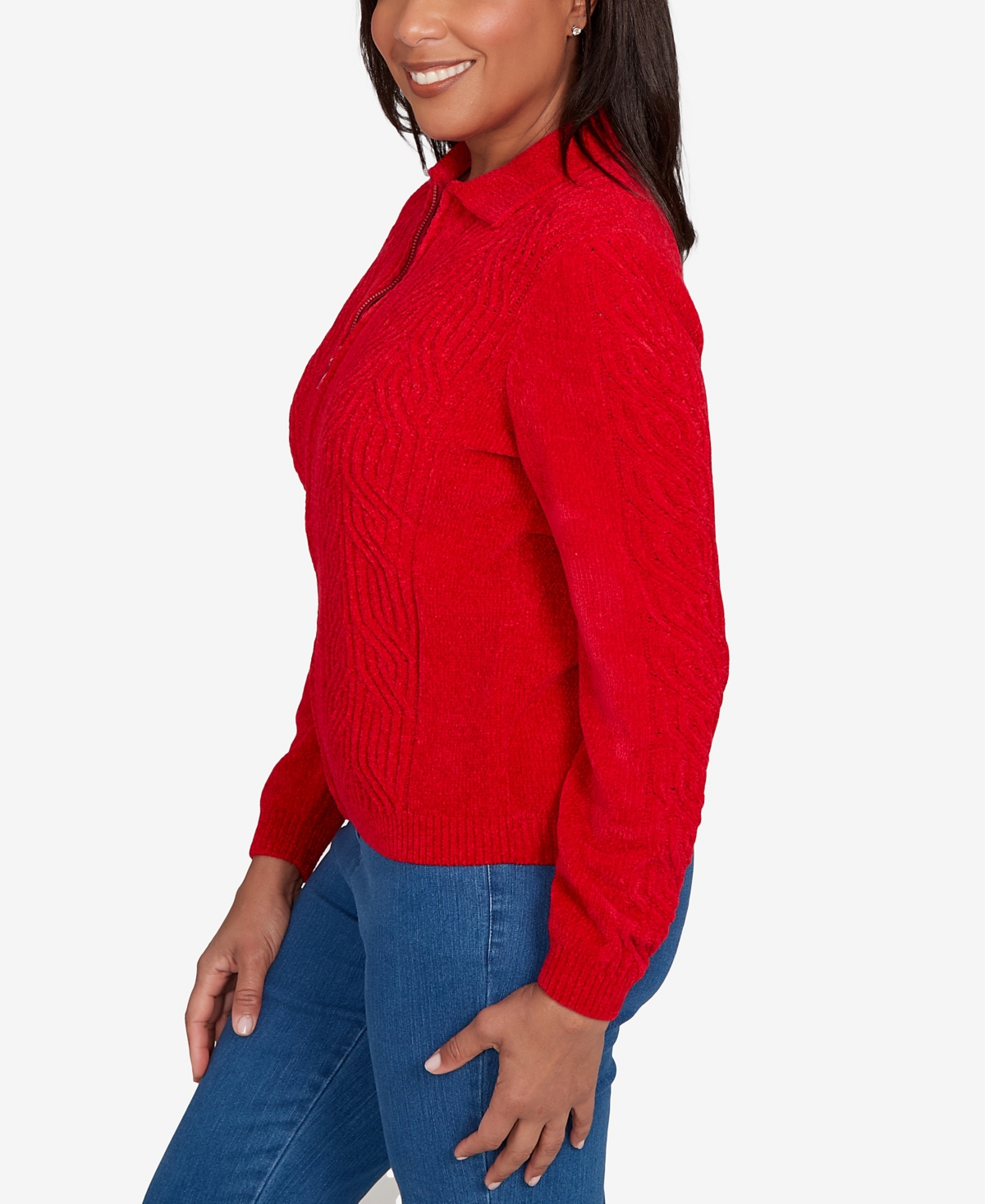 Alfred Dunner Petite Front Zip Chenille Cardigan In Red