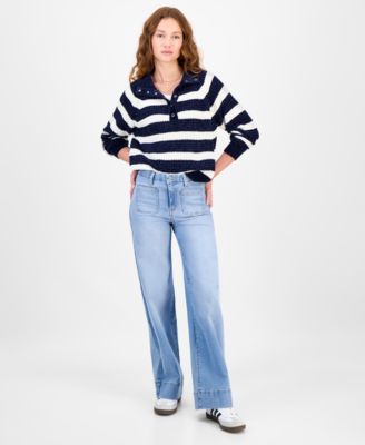 Juniors' Snap-Front Chenille Long-Sleeve Sweater 