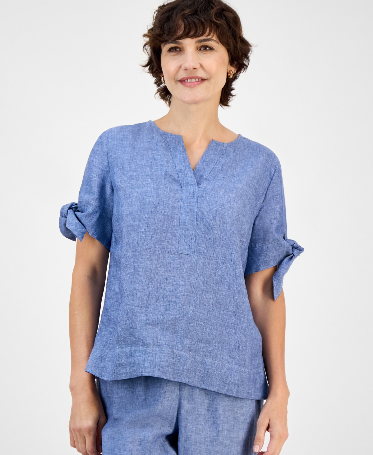 Charter Club Women's 100% Linen Split-Neck Tie-Cuff Top, Created for Macy's