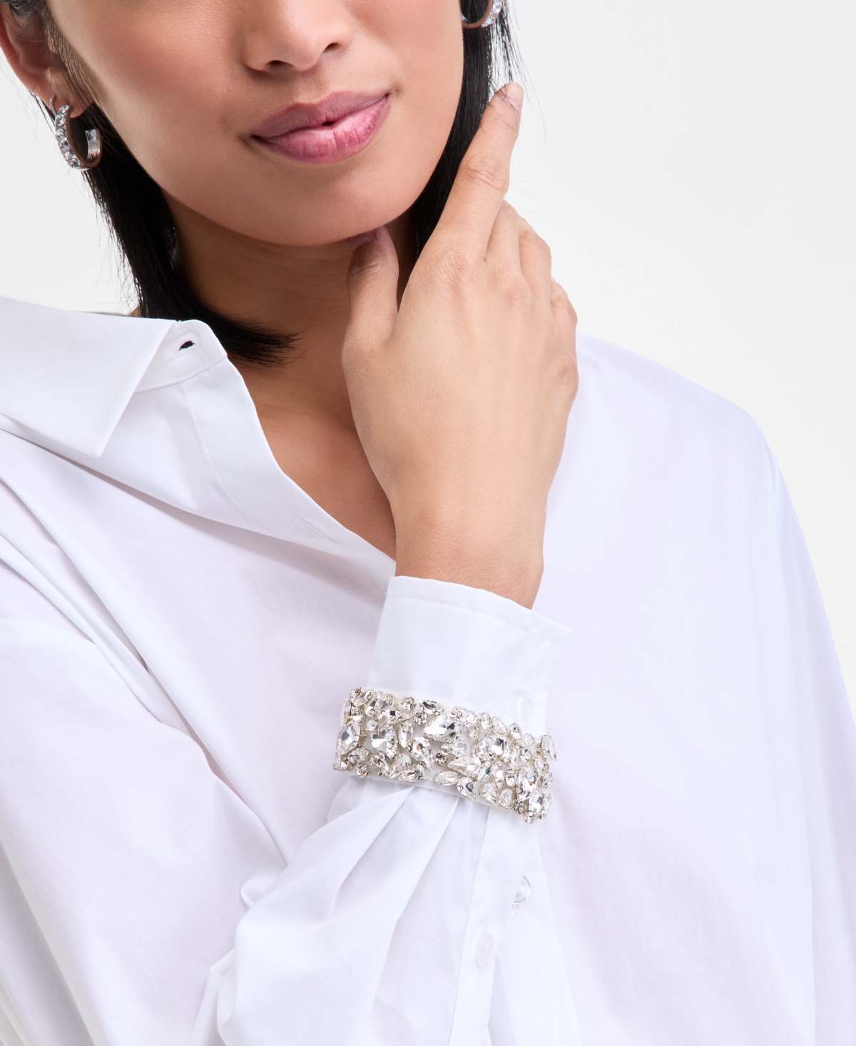Inc International Concepts Women's Embellished-cuff Relaxed Shirt, Macy's Exclusive In White