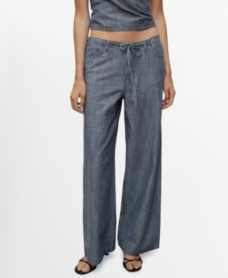 MANGO - Women's Belted Wide-Leg Denim Pants