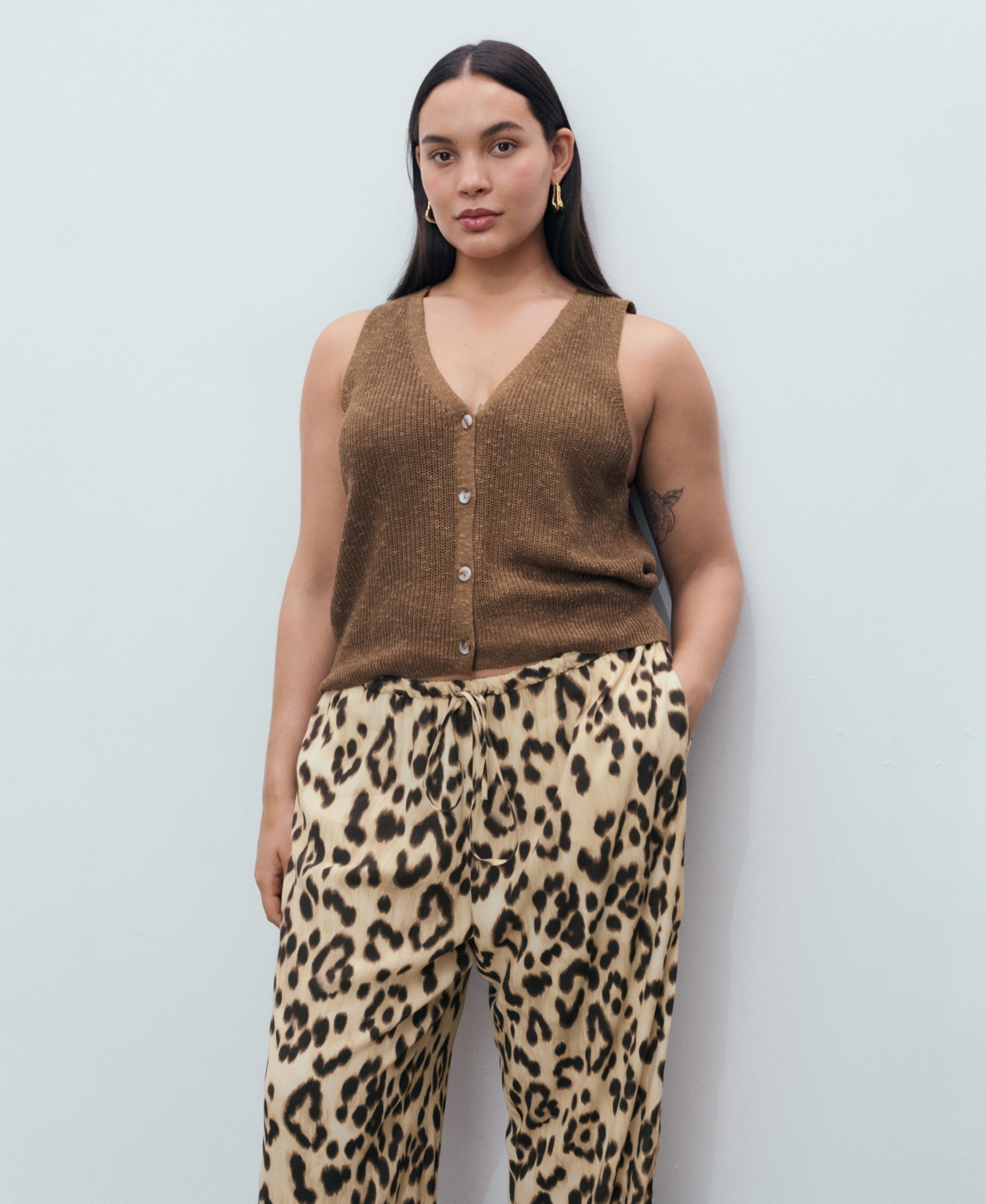 Mango Bernie Print Wide Leg Drawstring Pants In Brown