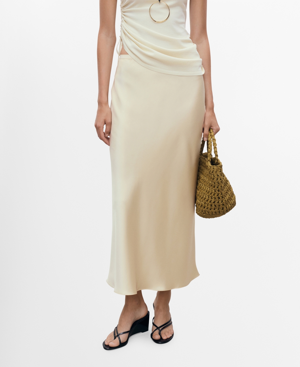 Mango Mia Satin Midi Skirt In Yellow
