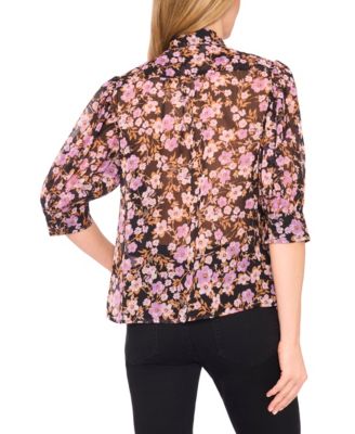 Women's Ruched Sleeve Hidden Placket Open Collar Top