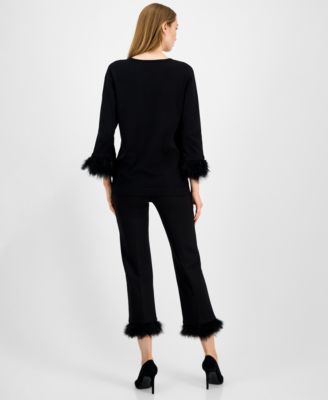 Anne Klein Womens Feather Trim 3 4 Sleeve Top Hollywood Waist Pull On Feather Trim Pants In Black