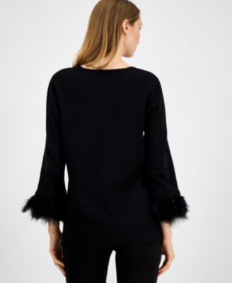Petite Feather-Trim Long-Sleeve Top