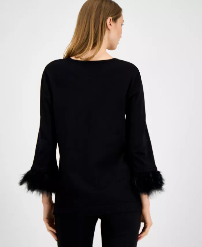 Women's Crewneck Feather-Trim-Cuff Sweater - thumbnail 3