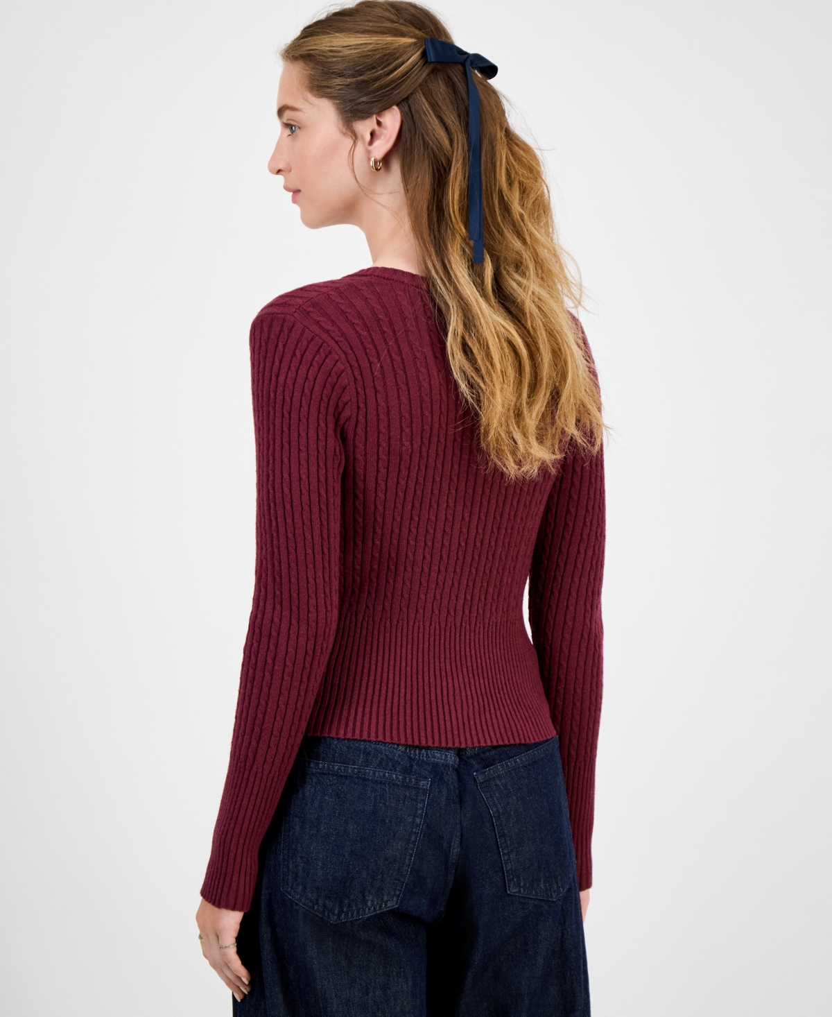 Hooked Up By Iot Juniors' Cable-knit V-neck Sweater In Burgundy