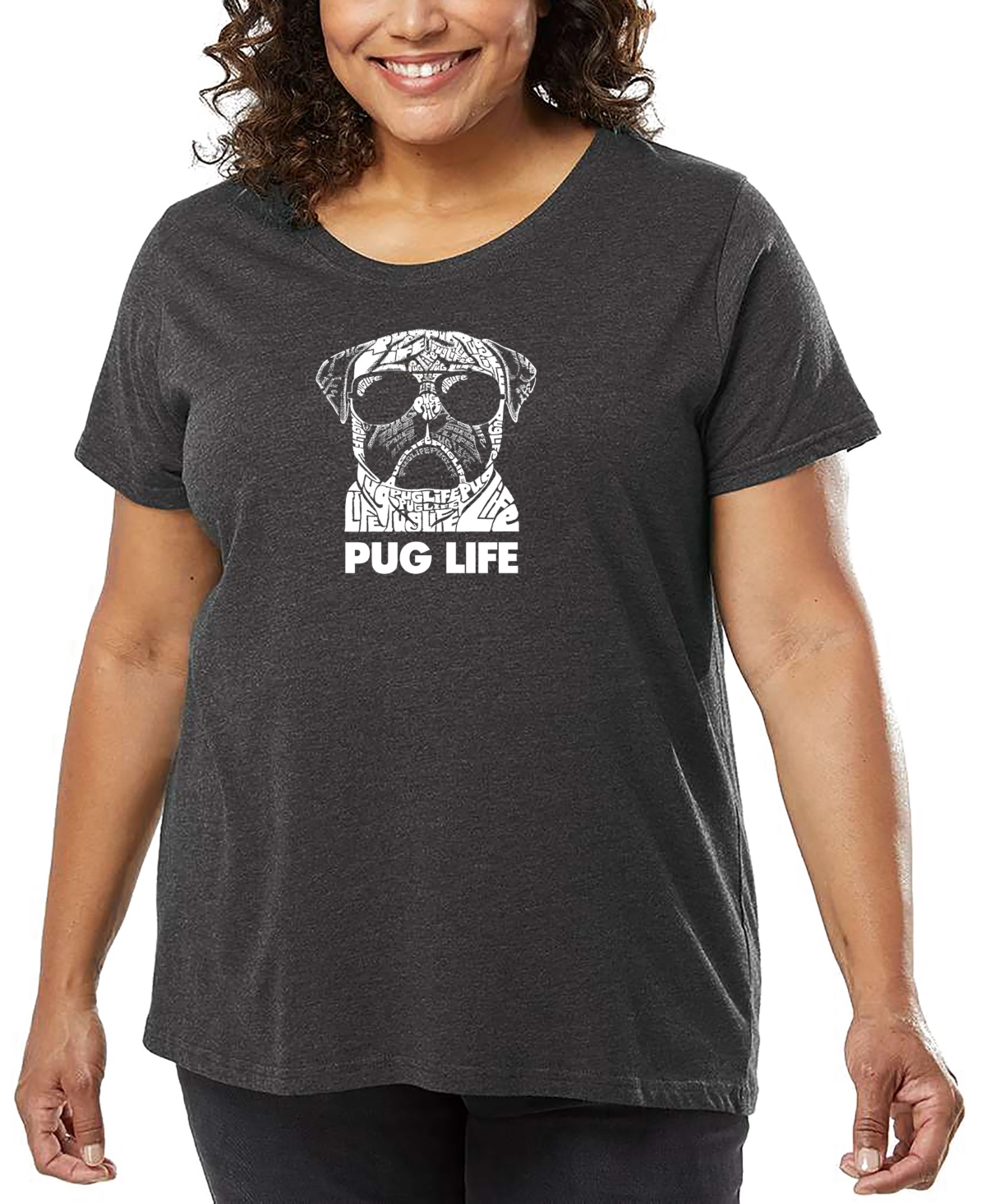 La Pop Art Plus Size Pug Life Word Art T-shirt In Gray