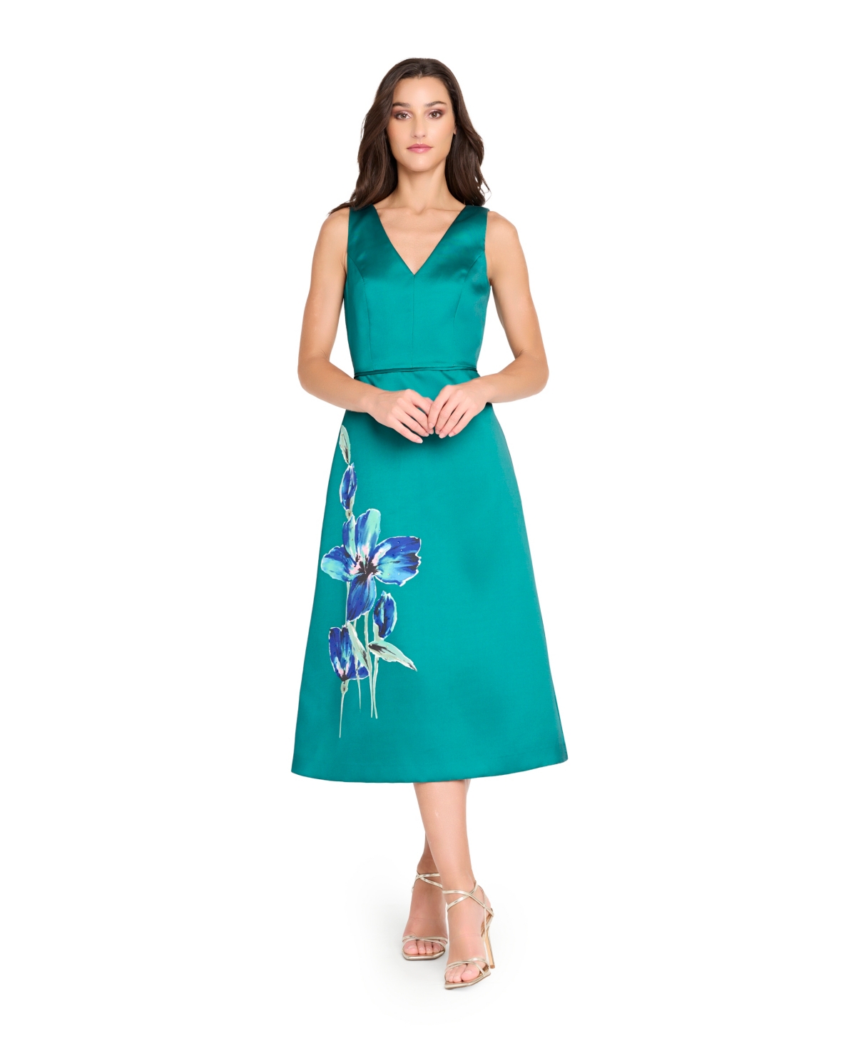 Tahari Asl Women's V-neck Flower Print Detail Midi Dress In Green