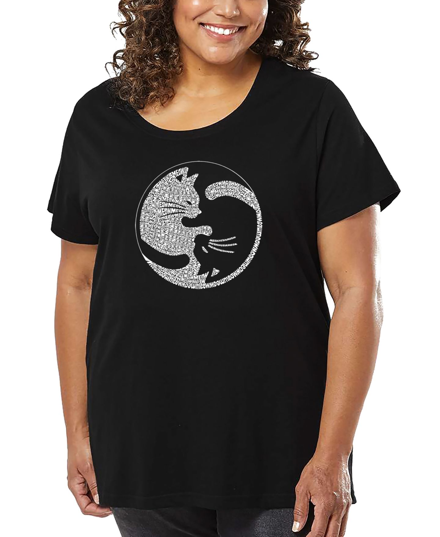 Женская футболка LA Pop Art Plus Size Yin Yang Cat Word Art, цвет: Чёрный — фото 1