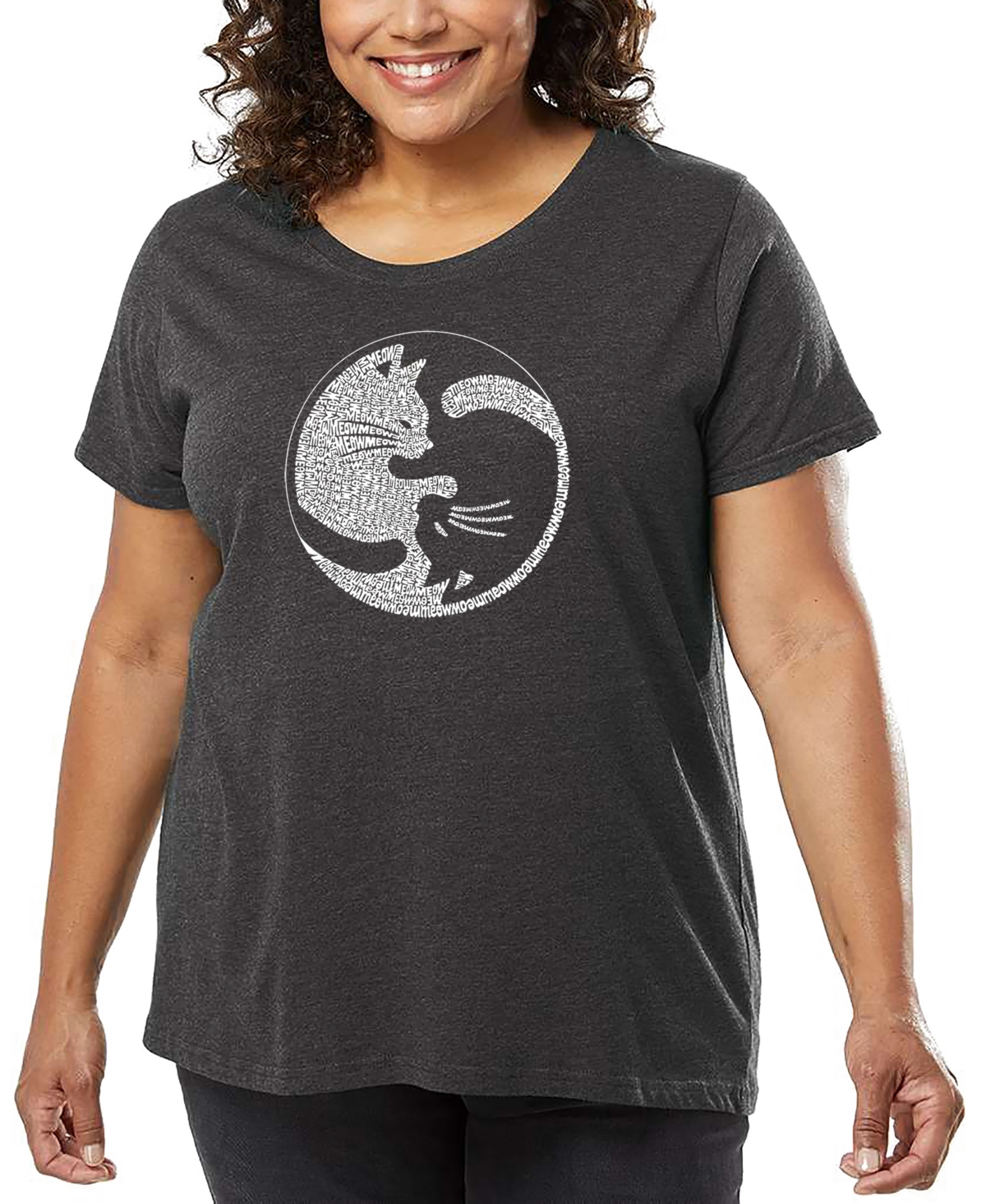 La Pop Art Plus Size Yin Yang Cat Word Art T-shirt In Gray