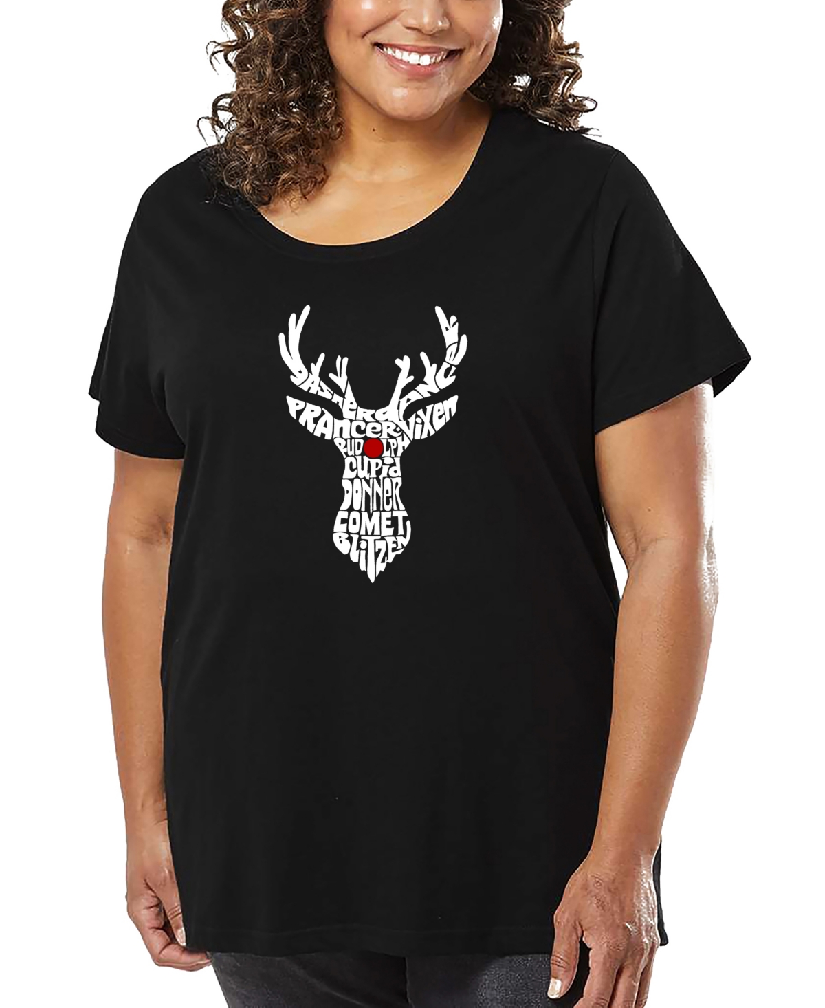 La Pop Art Plus Size Santa's Reindeer Word Art T-shirt In Black
