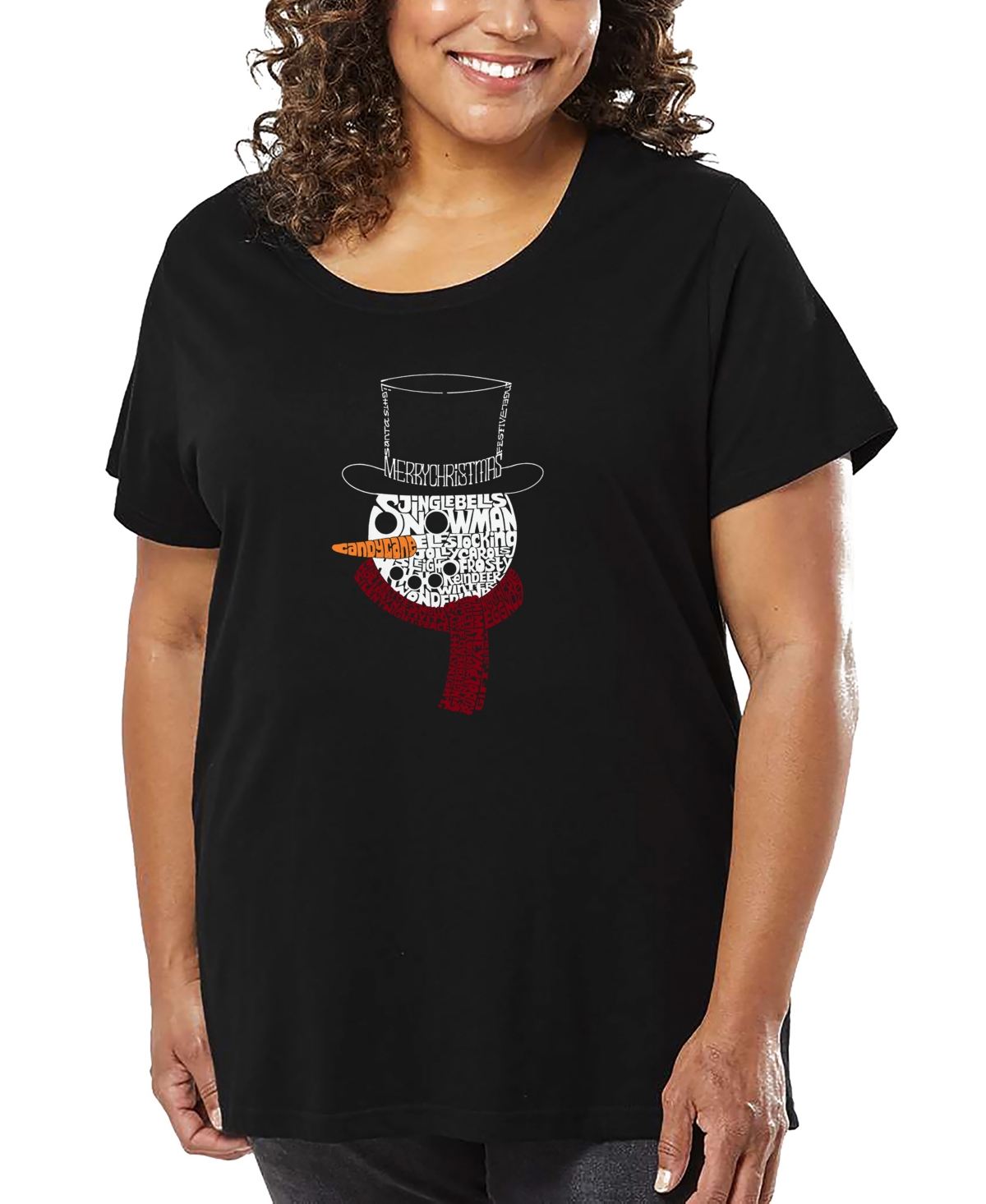 La Pop Art Plus Size Snowman Face Word Art T-shirt In Black