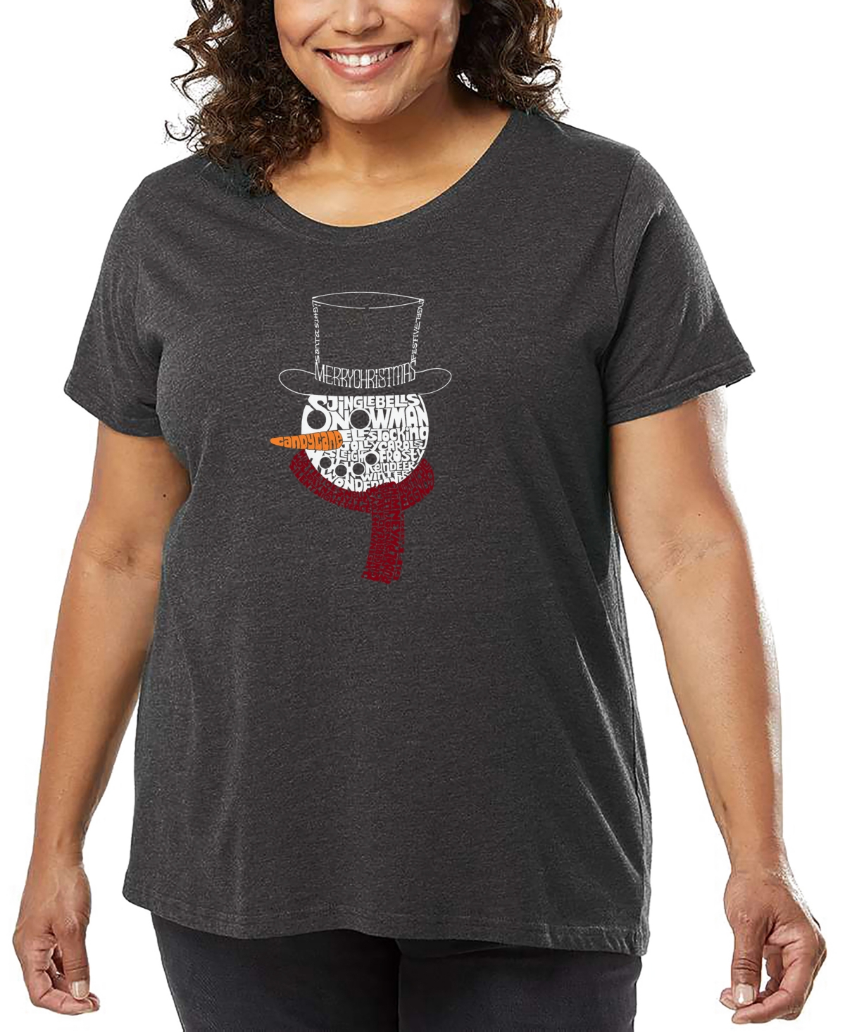 La Pop Art Plus Size Snowman Face Word Art T-shirt In Gray