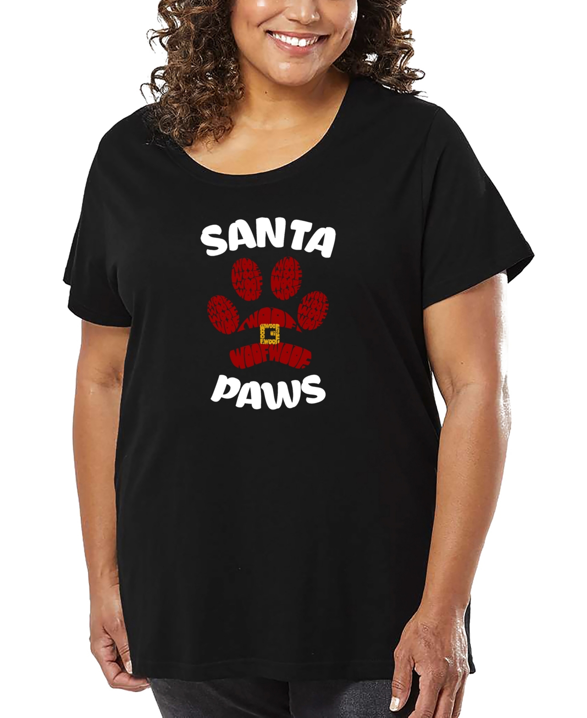 La Pop Art Plus Size Santa Paws Word Art T-shirt In Black