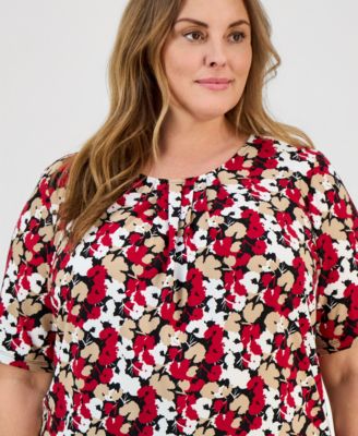 Plus Size Pleated-Neck Elbow-Sleeve Knit Top