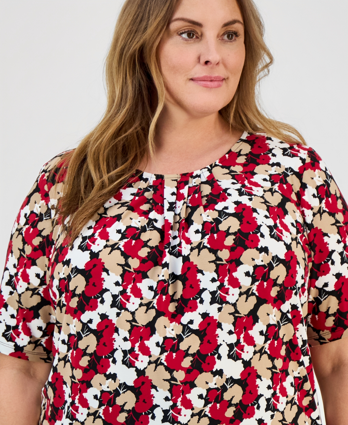 Kasper Plus Size Pleated-Neck Elbow-Sleeve Knit Top