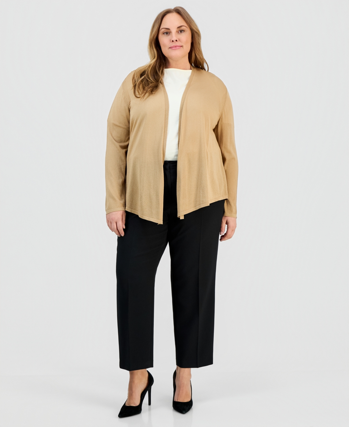 Kasper Plus Open-Front Stitch-Detail Sweater